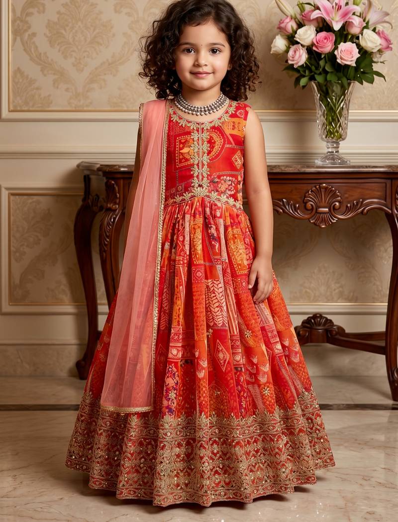 red heavy fox georgette gown set with digital print work with embroidered sequnce work - designer party wear