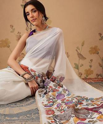 White plain cotton blend festive saree with blouse piece 1