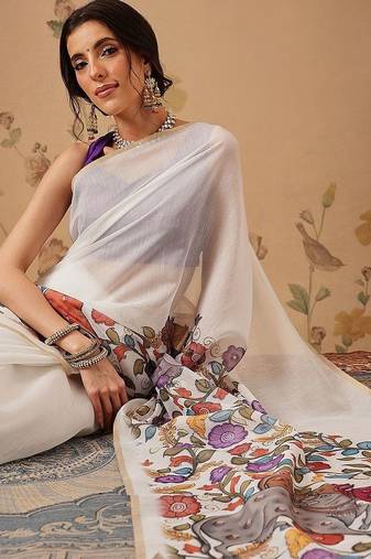 White plain cotton blend festive saree with blouse piece
