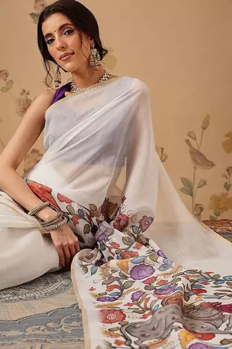 White plain cotton blend festive saree with blouse piece