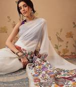 White plain cotton blend festive saree with blouse piece