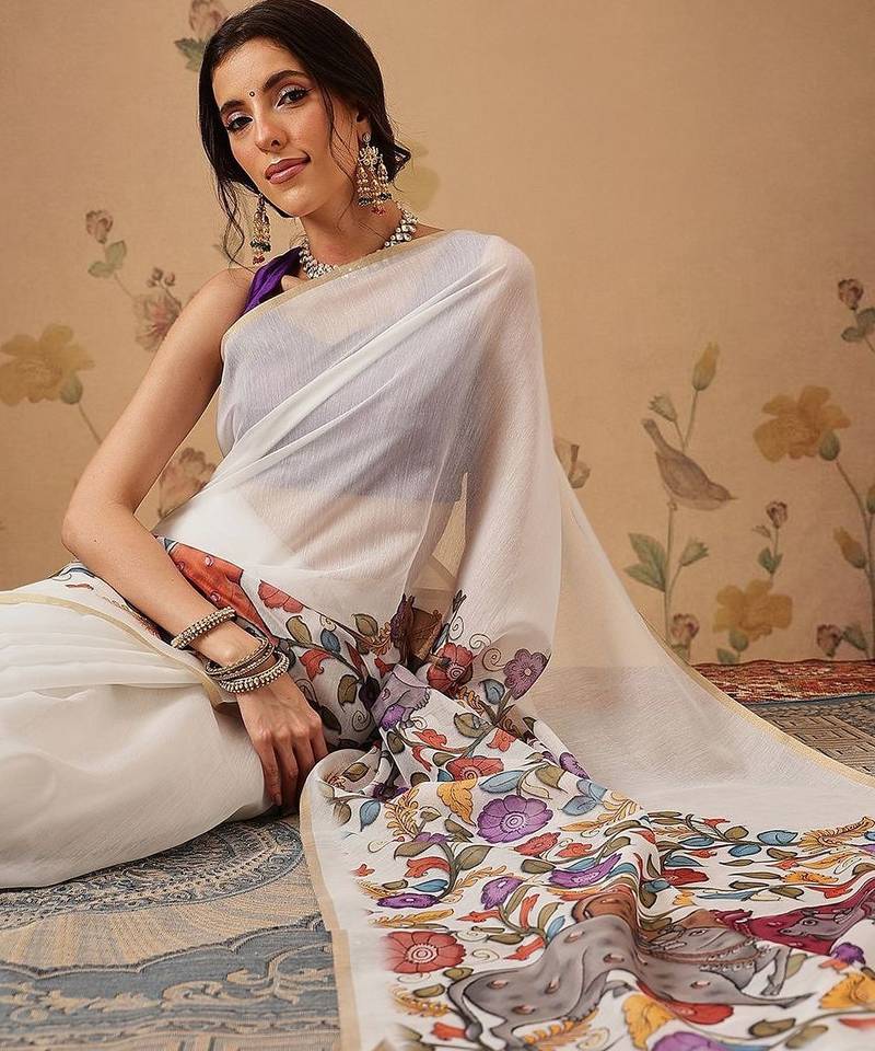 White plain cotton blend festive saree with blouse piece