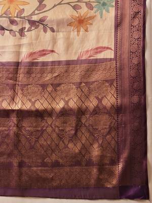 Cream printed art silk ethnic saree with blouse piece 5