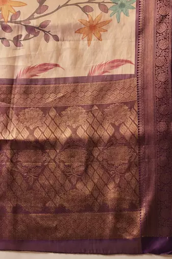 Cream printed art silk ethnic saree with blouse piece
