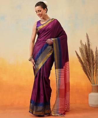 Purple plain art silk traditional saree with blouse piece 2