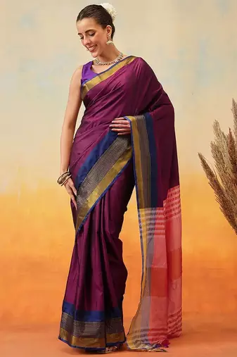 Purple plain art silk traditional saree with blouse piece