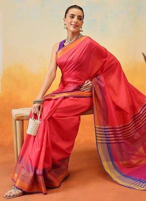 Red printed art silk ethnic saree with blouse piece 4