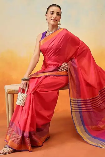 Red printed art silk ethnic saree with blouse piece