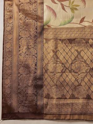 Cream printed art silk ethnic saree with blouse piece 5