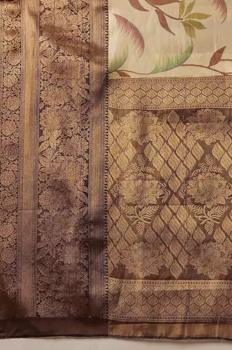 Cream printed art silk ethnic saree with blouse piece