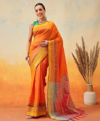 Orange plain art silk traditional saree with blouse piece 2