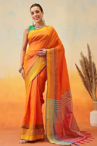 Orange plain art silk traditional saree with blouse piece