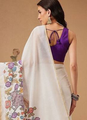 White plain cotton blend festive saree with blouse piece 2