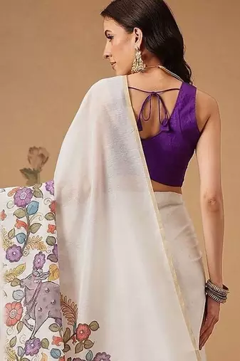 White plain cotton blend festive saree with blouse piece