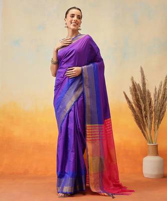 Blue plain art silk traditional saree with blouse piece 2