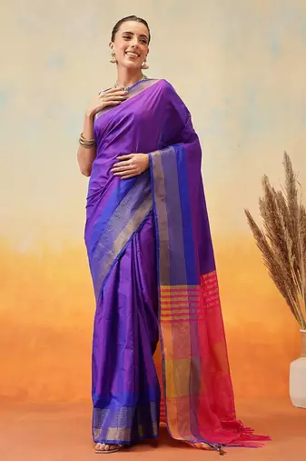 Blue plain art silk traditional saree with blouse piece