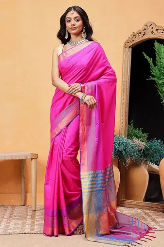 Pink plain art silk traditional saree with blouse piece