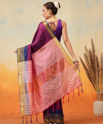 Purple plain art silk traditional saree with blouse piece 3