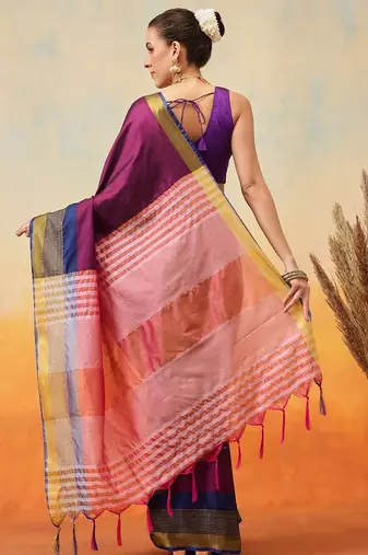 Purple plain art silk traditional saree with blouse piece
