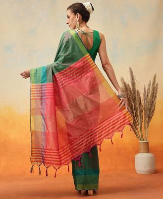 Green plain art silk traditional saree with blouse piece 3