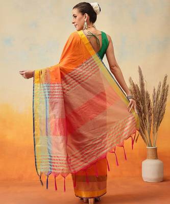 Orange plain art silk traditional saree with blouse piece 3