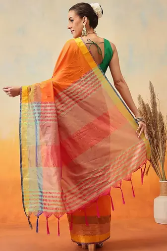 Orange plain art silk traditional saree with blouse piece