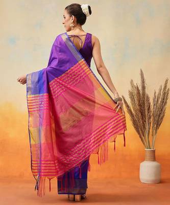 Blue plain art silk traditional saree with blouse piece 3