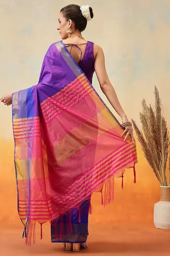 Blue plain art silk traditional saree with blouse piece