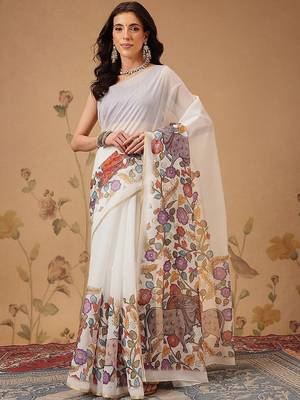 White plain cotton blend festive saree with blouse piece 3