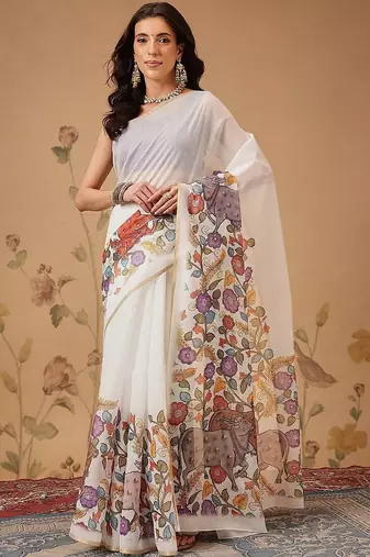 White plain cotton blend festive saree with blouse piece