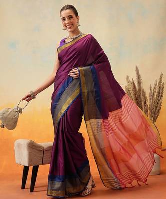Purple plain art silk traditional saree with blouse piece 4