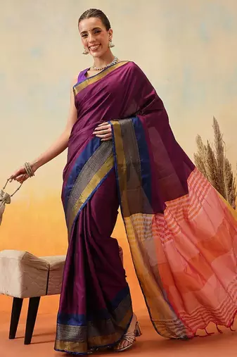 Purple plain art silk traditional saree with blouse piece