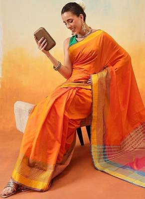 Orange plain art silk traditional saree with blouse piece 4
