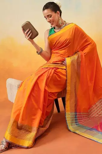 Orange plain art silk traditional saree with blouse piece