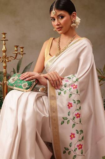 White printed silk blend ethnic saree with blouse piece