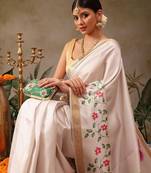 White printed silk blend ethnic saree with blouse piece