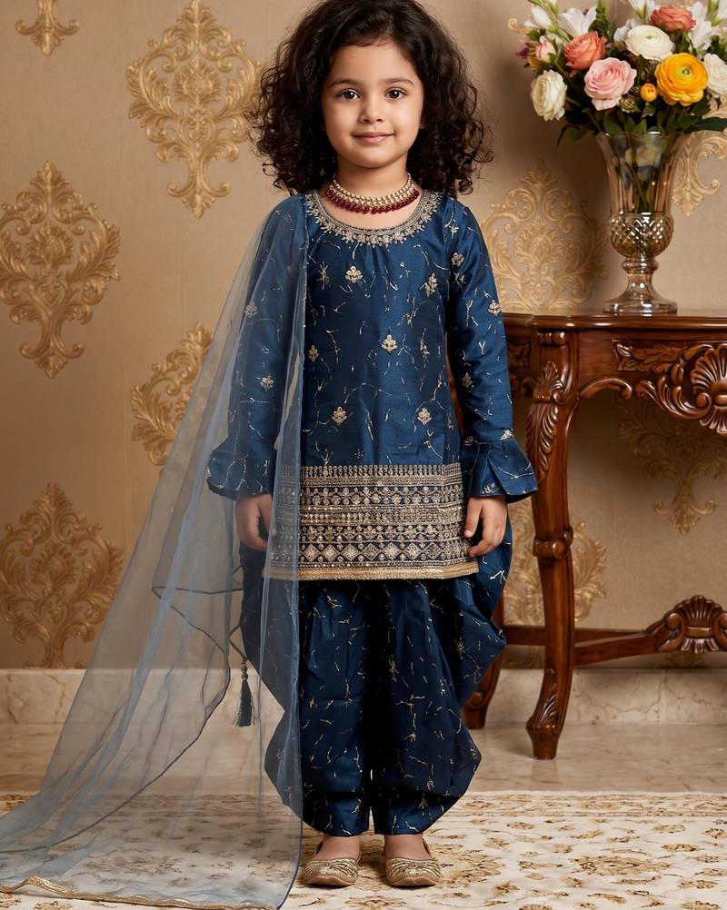Navy blue heavy chinon silk salwar suit set with digital print work with embroidered sequence work