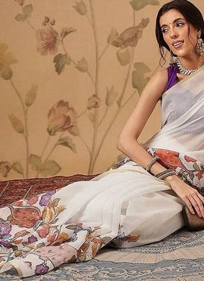 White plain cotton blend festive saree with blouse piece 4