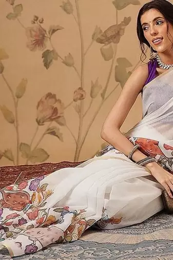White plain cotton blend festive saree with blouse piece