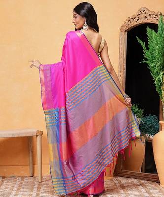 Pink plain art silk traditional saree with blouse piece 3