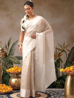 off white zari woven silk blend saree 1