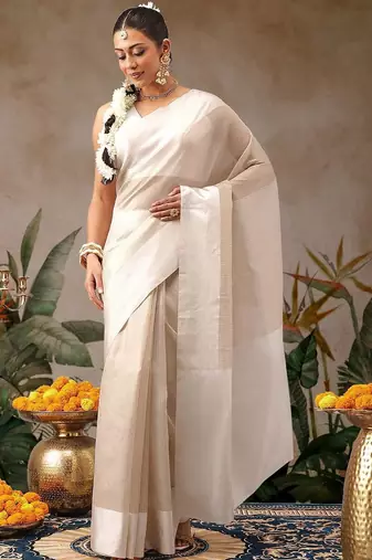 Off white woven silk blend ethnic saree with blouse piece