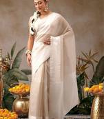 Off white woven silk blend ethnic saree with blouse piece