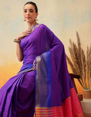 Blue plain art silk traditional saree with blouse piece 4
