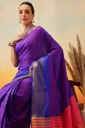 Blue plain art silk traditional saree with blouse piece