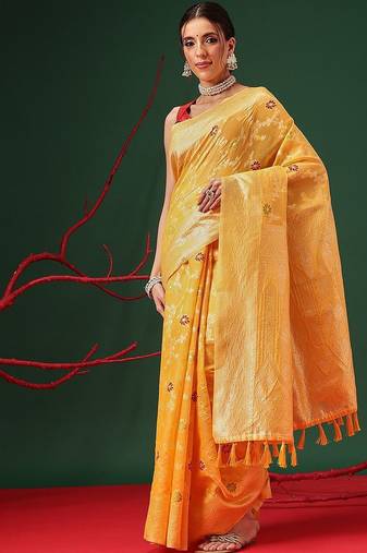 Yellow woven cotton blend traditional saree with blouse piece