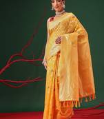 Yellow woven cotton blend traditional saree with blouse piece