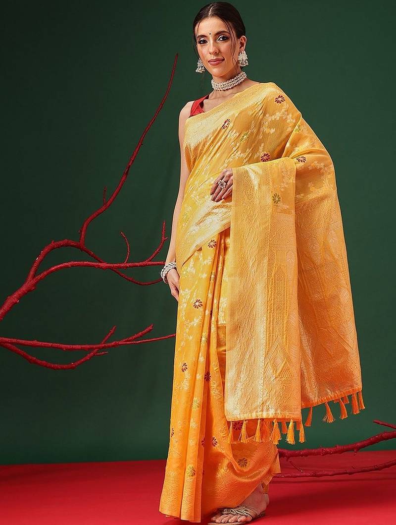 Yellow woven cotton blend traditional saree with blouse piece