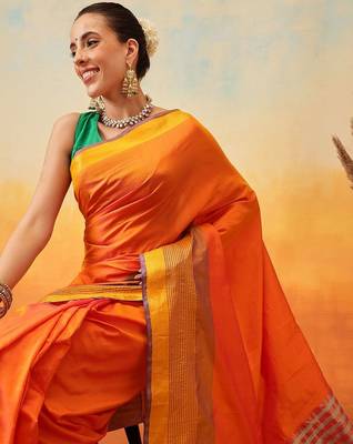 Orange plain art silk traditional saree with blouse piece 5