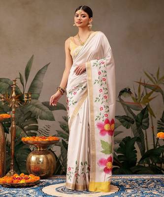 white floral printed silk blend saree with blouse 2